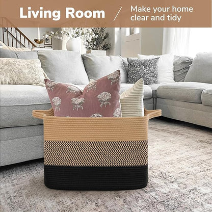 Goodpick Large Woven Basket 18" x 14" x 12" Cotton Rope Storage Baskets for Organizing, Rectangle Wicker Laundry Basket with Handles, Toy Baskets for Kids, Black & Jute