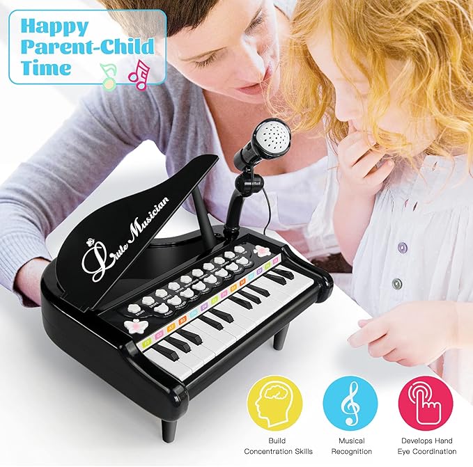 Love&Mini Toddler Piano - 24 Keys Black Baby Piano Toys with Microphone, Birthday Gifts for 3+ Year Old Girls and Boys