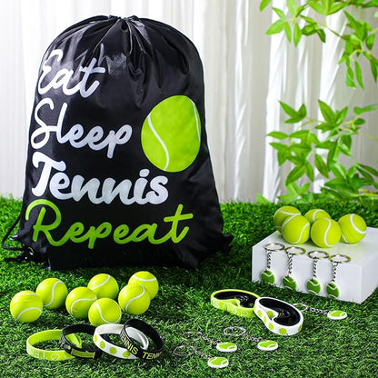 48 Pcs Tennis Party Favors for Kids Include 12 Tennis Drawstring Bags, 12 Tennis Keychain, 12 Silicone Tennis Bracelets, 12 Mini Stress Ball for Sports Birthday Supplies Decorations