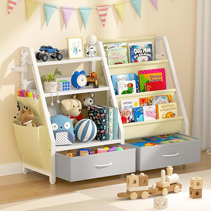 Twinkoo Kids Bookshelf and Toy Organizer, Sturdy 3 Tier Kid Bookcase, Sling Bookshelf and 2 Toy Bins, Toddler Montessori Book Shelf with Toy Storage Organizer for Children Room, Playroom, Nursery