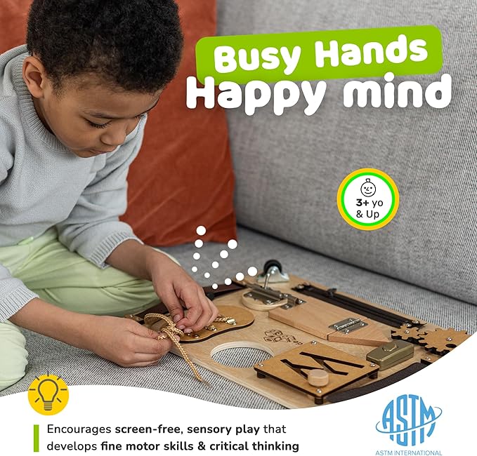 Busy Board Montessori Toys for Toddlers, Sensory Wooden Toy with 10 Preschool Learning Activities for Fine Motor Skills, Educational Plane and Car Travel Toy for Toddlers Boys and Girls