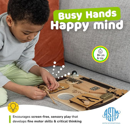 Busy Board Montessori Toys for Toddlers, Sensory Wooden Toy with 10 Preschool Learning Activities for Fine Motor Skills, Educational Plane and Car Travel Toy for Toddlers Boys and Girls