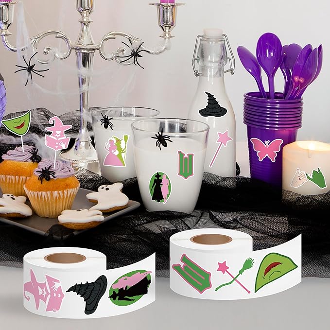 1000Pcs Witch Musical Stickers, Pink Crown Black Hat Green Broom Adhesive Decals for Kids Girls, Wicky Witch TV Movie Merchandise Party Decoration for Birthday Gifts Laptop Guitar Luggage