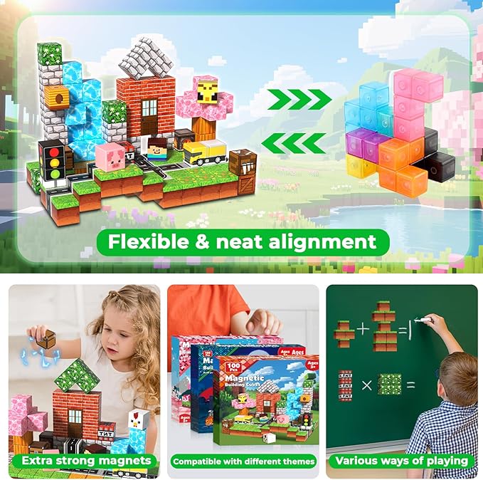 Magneverse 100 PCS 0.8in Magnetic Blocks - Toys, Magnetic Building Blocks Cubes, Stacking Magnets, STEM Toys for School Acitivities, Birthday Gifts for Boys Age 3+ Years Old (Theme: Forests)