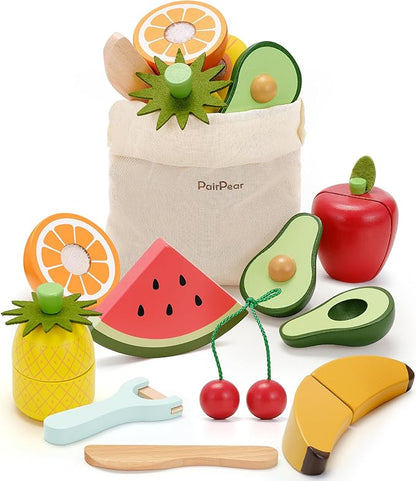 PairPear Wooden Toys Play Food Sets for Kids Kitchen, Kids Toy Food Cutting Fruit Set for Toddlers 3+ Years Old, Pretend Food Play Kitchen Accessories for Girls and Boys