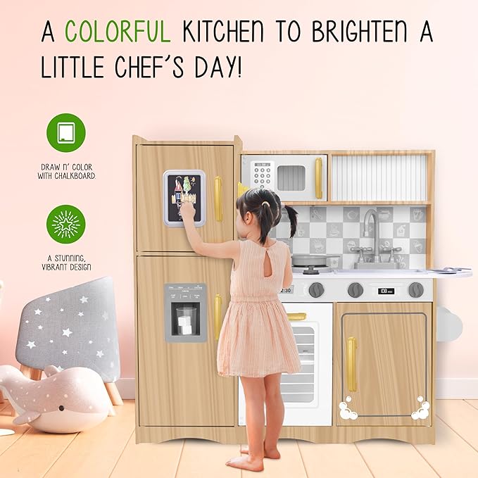 Lil' Jumbl Kids Kitchen Set, Pretend Wooden Play Kitchen with Chalk Board, Play Phone, Towel Rack & Ice Dispenser, Clicking Knobs, Pots & Utensils Included - Natural