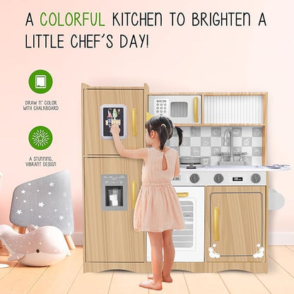 Lil' Jumbl Kids Kitchen Set, Pretend Wooden Play Kitchen with Chalk Board, Play Phone, Towel Rack & Ice Dispenser, Clicking Knobs, Pots & Utensils Included - Natural