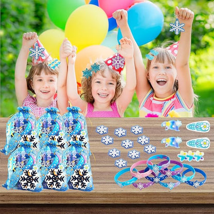 132Pcs Snowflake Party Favors Set Birthday Party Supplies Include 12 Bracelets, 10 Keychain, 10 snowflake squishies,10 wristbands,10 Hair accessories,10 straws,10 Bubble,50 Stickers and 10 Gift bags