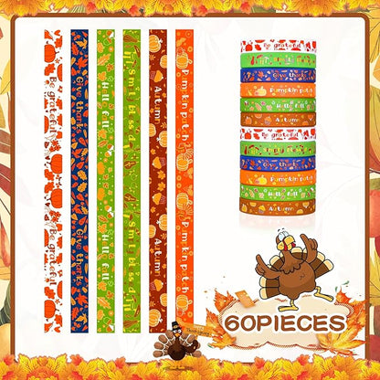 Wettarn 60 Pcs Fall Party Favors Bracelets Thanksgiving Silicone Wristbands Autumn Harvest Pumpkin Maple Leaf Bracelets for Party Supplies Festival Prizes Gifts