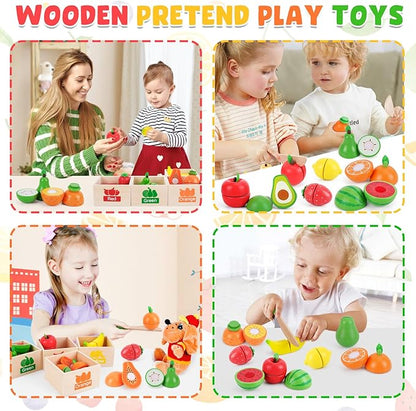 Fruit Sets - Kids Learning Toys for Toddlers 1-3, Play Kitchen Accessories Pretend Play Toys, Play Food Sets for Kids Kitchen, Wooden Fruit Preschool Toys for Girl Boy Christmas Birthday Gifts