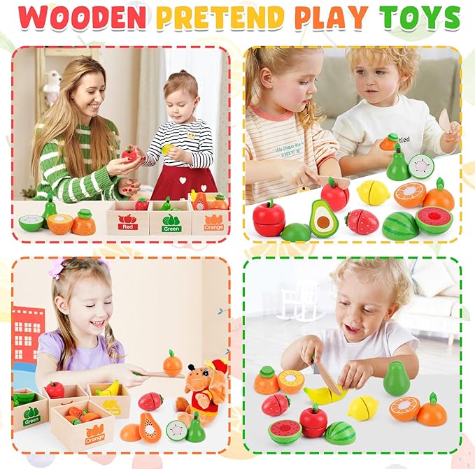 Fruit Sets - Kids Learning Toys for Toddlers 1-3, Play Kitchen Accessories Pretend Play Toys, Play Food Sets for Kids Kitchen, Wooden Fruit Preschool Toys for Girl Boy Christmas Birthday Gifts