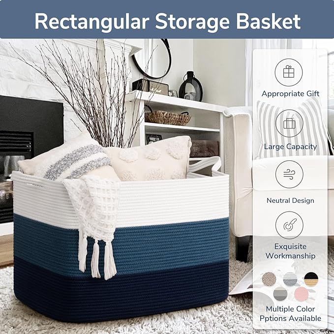 Goodpick 105L Extra Large Woven Basket 25" x 16" x 16" Cotton Rope Storage Baskets for Organizing, Rectangle Blanket Basket Living Room, Toy Storage Baskets for Kids, Blue