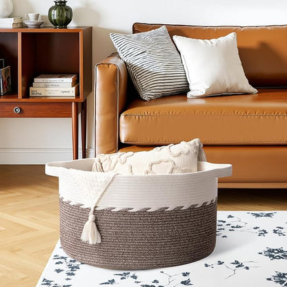 OIAHOMY 90L Blanket Basket for Living Room, Large Basket 23" x 23" x 13" with Handle, Laundry Hamper for Blankets, Pillows, Toy Storage for Kids, Dogs - Brown & White