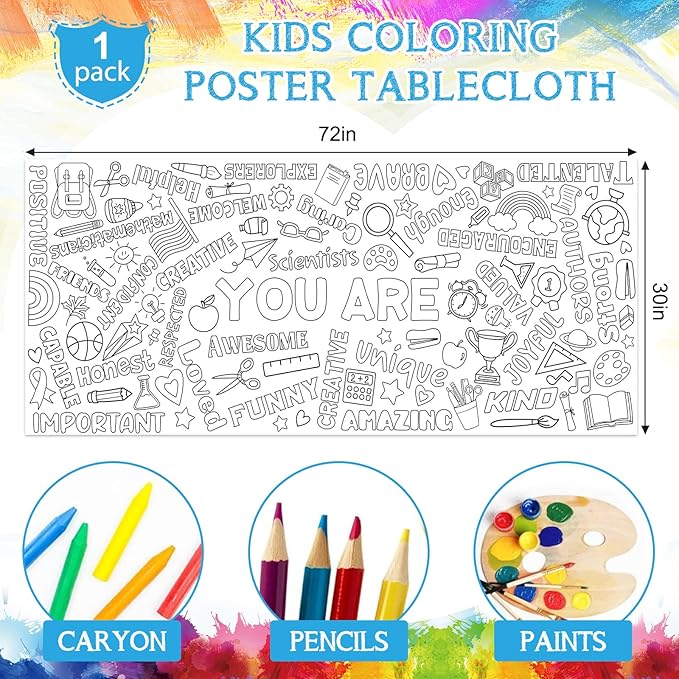 Motivational Large Coloring Poster for Kids 30 x 72 Inch, Giant Positive Affirmations Coloring Paper Tablecloth Sheets, Color-in Activities Games for Kids Classroom Home Birthday Party Supplies