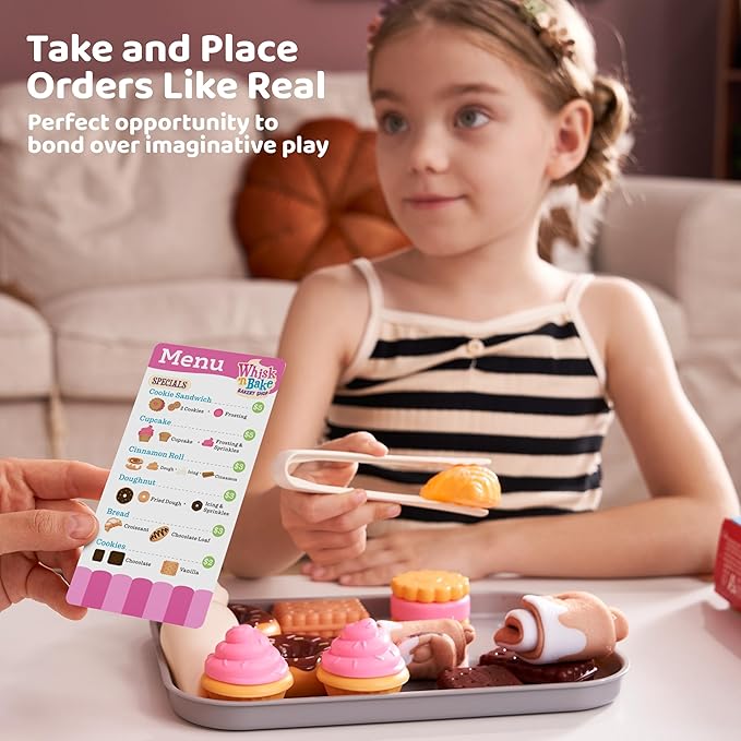 Cookie Play Food Set, Toddler Pretend Toys, 17 PCS Kitchen Toy Food Sets with Plastic Cookies, Baking Menu, Bakery Tray, and Play Money for Boys and Girls, Birthday Gift for Kids