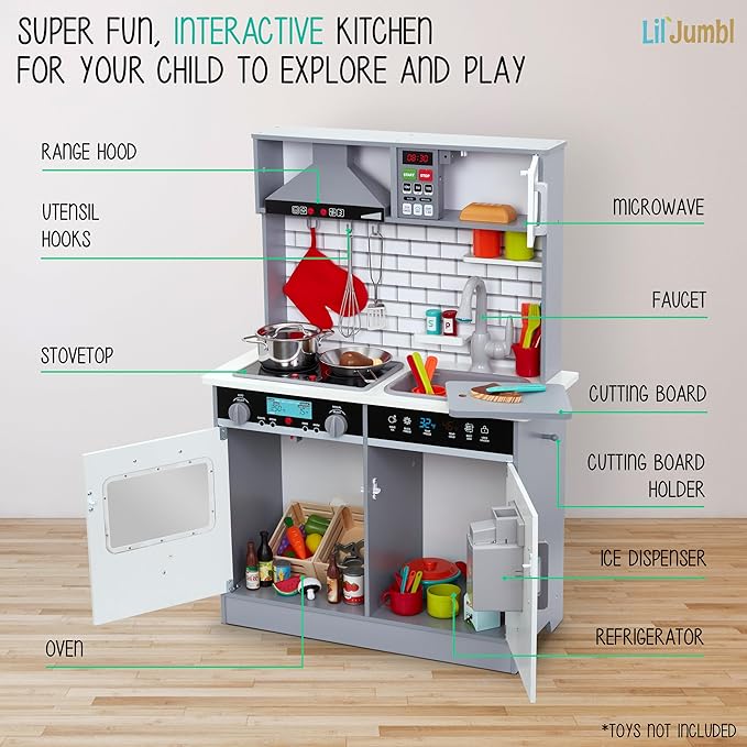 Lil' Jumbl Jumbl Kids Kitchen Set, Pretend Wooden Play Kitchen, Includes Range Hood, Microwave, Stove Top, Oven That Make Realistic Sound & Light, Pots, Pan, Cutting Board & Utensils Included,