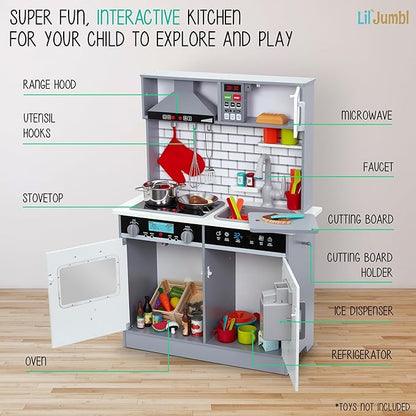 Lil' Jumbl Jumbl Kids Kitchen Set, Pretend Wooden Play Kitchen, Includes Range Hood, Microwave, Stove Top, Oven That Make Realistic Sound & Light, Pots, Pan, Cutting Board & Utensils Included,