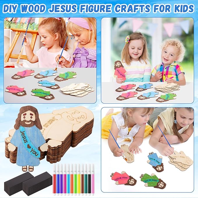 Blueweenly 24 Sets DIY Wood Jesus Figure Crafts Magnet for Kids Sunday School Vacation Bible School Craft Color Your Own Jesus Loves You Magnet with Magnets and Color Pens for Activity Easter