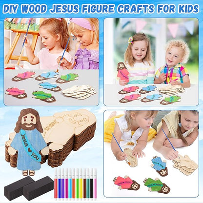Blueweenly 24 Sets DIY Wood Jesus Figure Crafts Magnet for Kids Sunday School Vacation Bible School Craft Color Your Own Jesus Loves You Magnet with Magnets and Color Pens for Activity Easter