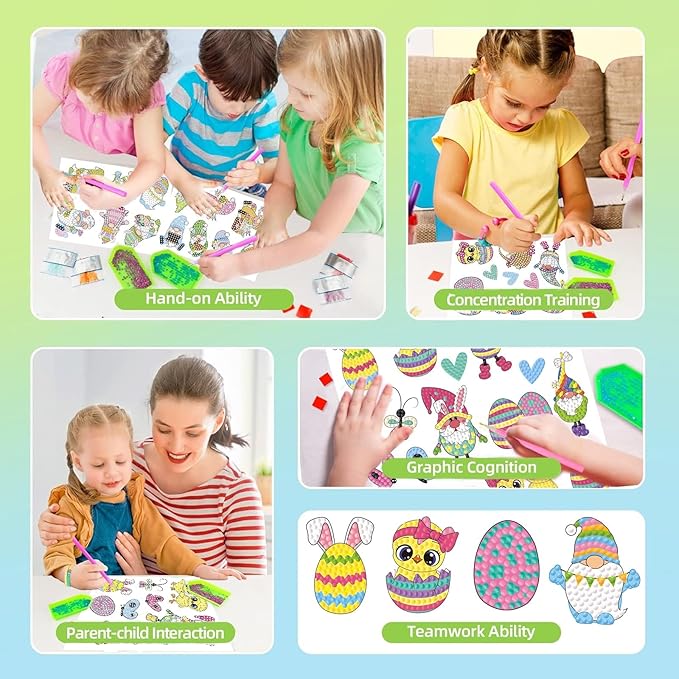 Junrife Easter Diamond Craft Kits Stickers for Kids,Gem Kids' Paint by Number Kits Mosaic Sticker - Best Gifts for Girls Ages 8-12 Easy for Kids Adult Beginners