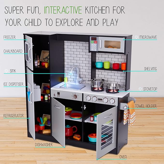 Lil' Jumbl Kids Kitchen Set, Pretend Wooden Play Kitchen, Battery Operated Icemaker, Burners, Faucet & Microwave Makes Realistic Sound & Light, Pots & Pan Included - Charcoal