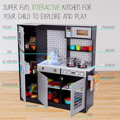 Lil' Jumbl Kids Kitchen Set, Pretend Wooden Play Kitchen, Battery Operated Icemaker, Burners, Faucet & Microwave Makes Realistic Sound & Light, Pots & Pan Included - Charcoal