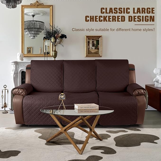 KinCam Waterproof Recliner Sofa Cover, Non-Slip Reclining Couch Covers for 3 Seat, Recliner Couch Cover Furniture Protector with Elastic Straps for Pets, Kids, Coffee