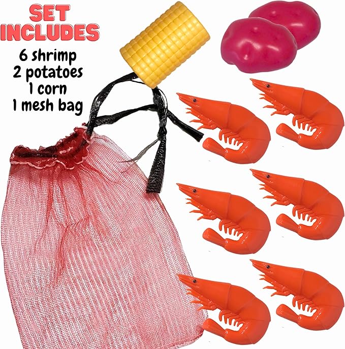 Lil' Bit Boiling Co. Kids Louisiana Shrimp & Fixins Toy Food Kitchen Set for Children - Toy Shrimp Set with Potatoes, Corn, and Mesh Bag