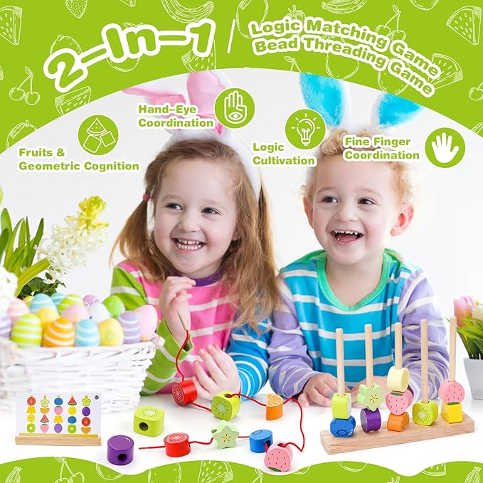 Appoft Montessori Wooden Beads Mastery Kit: Fine Motor Skills Builder for Toddlers 2-5 Stacking Blocks Lacing Beads Travel Learning Toys STEM Gifts for 2 3 4 5 Year Old Boys Girls Toys for Ages 2-4