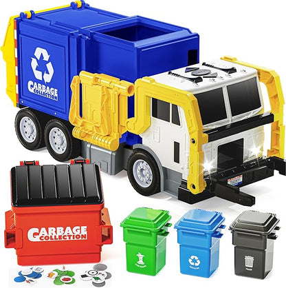 JOYIN Large Friction Powered Garbage Truck Toy Set, Includes 1 Dumpster, 3 Trash Bins, and 30 Learning Cards for Kids, Blue