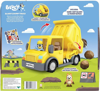 Bluey Dump Truck, with Load and Unload Feature, Get Some Work Done with Exclusive Hard-Hat and Muddy Bingo
