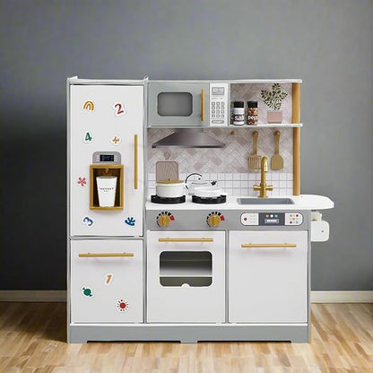 Teamson Kids Little Chef Springfield Play Kitchen with Pretend Ice Dispenser, Magnetic Surface, and 21 pc. Accessory Set, Gray/White