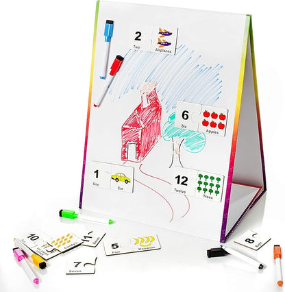 Kids Self-Standing Double-Sided Tabletop Magnetic Easel Dry Erase White Board. Includes 8 Dry Erase Markers + Educational Magnetic Numbers Puzzle (Easel + Puzzle)