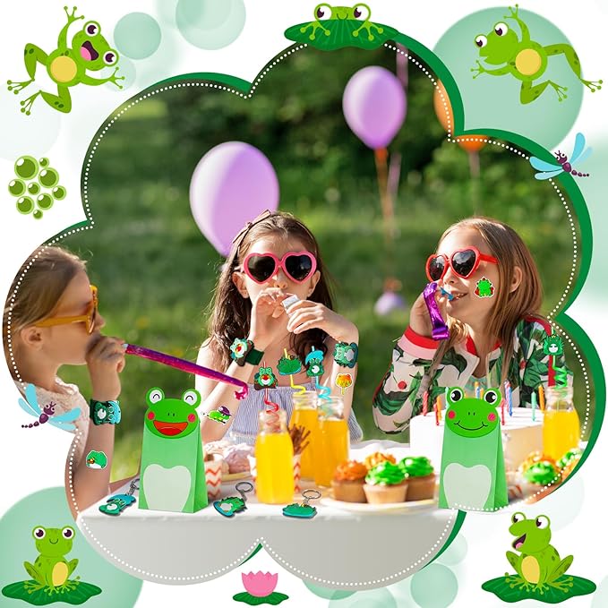 98 Pcs Frog Party Favor Supplies Set Include Frog Party Paper Bags Frog Stickers Frog Keychains Curly Drinking Straws Animal Slap Bracelets for Boy Girl Animal Frog Themed Birthday Decoration