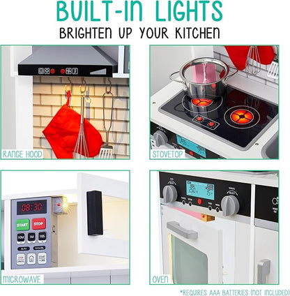 Lil' Jumbl Kids White Small Kitchen Set, Pretend Wooden Play Kitchen, Includes Range Hood, Microwave, Stove Top, Oven That Make Realistic Sound & Light, Pots, Pan, Cutting Board & Utensils Included,