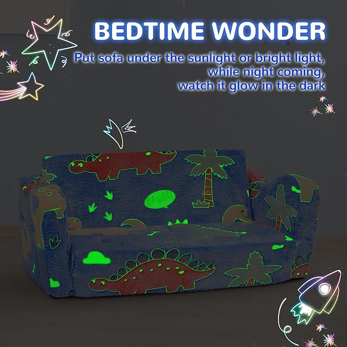 Elevon 2 in 1 Wider Toddler Couch, Flip Open Soft Sofa Bed, Glow in The Dark Flannel Baby Couch, 2-Seat Kids Chair Convertible Couch Easy Fold & Unfold, Baby Recliner Sofa for Girls and Boys