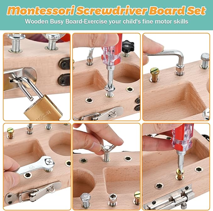 Montessori Screwdriver Board Set with Lock and Key, Montessori Toys for 3 4 5 Year Old, Wooden Screw Driver Activities Tools, Fine Motor Skills Preschool Learning Sensory Toy