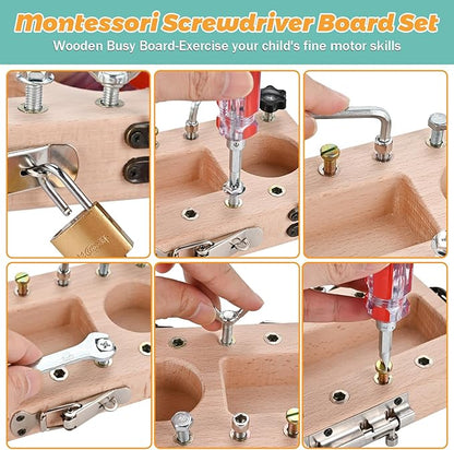 Montessori Screwdriver Board Set with Lock and Key, Montessori Toys for 3 4 5 Year Old, Wooden Screw Driver Activities Tools, Fine Motor Skills Preschool Learning Sensory Toy