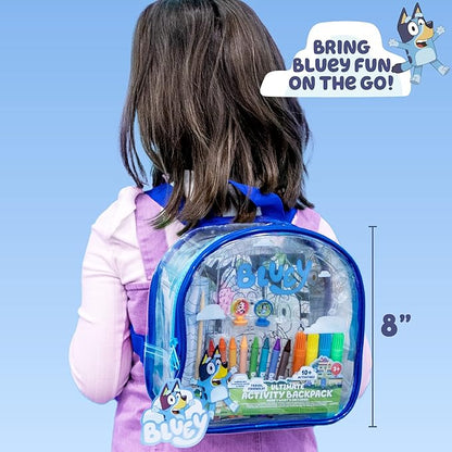 Bluey Ultimate Activity Backpack, 10+ Activities, Includes Backpack with 4 Sticker Suncatchers with 4 Suction Cups, 4 Surprise Scratch Arts, 2 Velv-its Posters, 1 Coloring Roll, 4 Markers, Kid Gifts