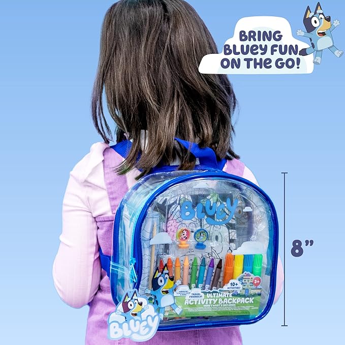 Bluey Ultimate Activity Backpack, 10+ Activities, Includes Backpack with 4 Sticker Suncatchers with 4 Suction Cups, 4 Surprise Scratch Arts, 2 Velv-its Posters, 1 Coloring Roll, 4 Markers, Kid Gifts
