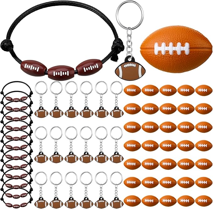 Nosiny 108 Pcs Football Party Favors Bulk 36 Pcs Football Keychain Gifts 36 Pcs Football Stress Balls 36 Pcs Football Charm Bracelets for Team Birthday Party Supplies