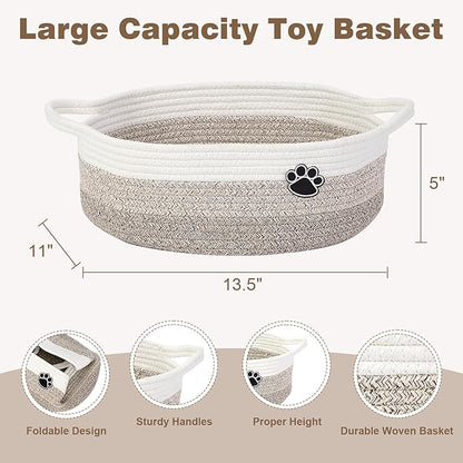 Optish Dog Toy Easter Basket, Toy Box and Bin for Dog Cat Storage, 13.5" X 11" X 5" Small Woven Rope Basket for Baby Storage, Closet, Living Room, White & Brown