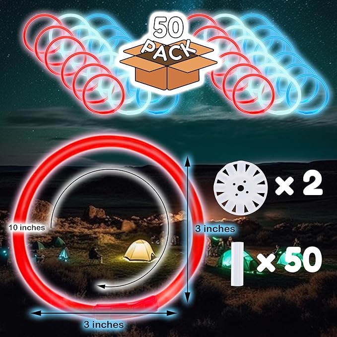 8" Glow Stick Bracelets - Bulk 50 Pack for Mardi Gras, St. Patrick's Day, and Nighttime Celebrations - Red/White/Blue