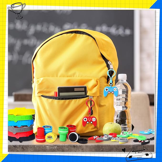 Skylety 72 Pcs Video Game Party Favor Set, Rubber Bracelets Stamps Video Game Acrylic Lobster Keychain Gamer Birthday Party Favors Supplies, Gift Bag Stuffer for Kids
