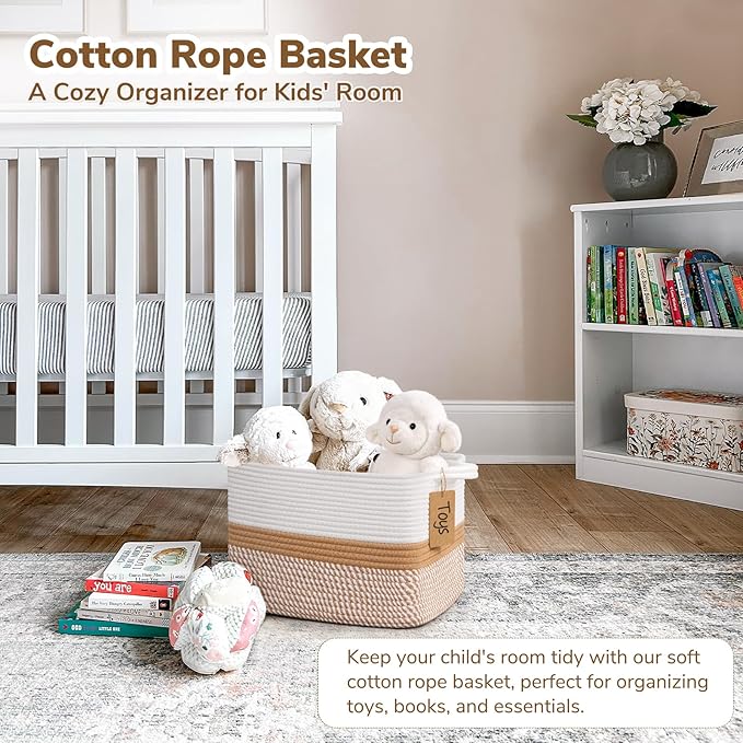 Goodpick Woven Storage Baskets for Organizing, Rectangle Cotton Rope Basket for Dog Toys Books Magazines, Stylish Gift Basket for Living Room Home Decor, 13" x 10" x 9", White & Camel Mix