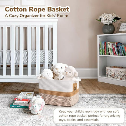 Goodpick Woven Storage Baskets for Organizing, Rectangle Cotton Rope Basket for Dog Toys Books Magazines, Stylish Gift Basket for Living Room Home Decor, 13" x 10" x 9", White & Camel Mix
