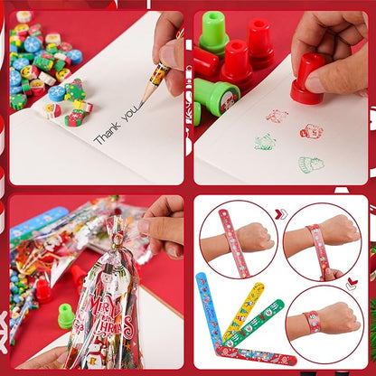 360 Pieces Christmas Stationery Party Favors Bulk: Christmas Pencil Eraser Slap Bracelets Stamps Treat Bags for Kids Classroom Gift Exchange School Games Prizes Reward Prizes Carnival Events