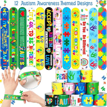 JUNEBRUSHS 56Pcs Autism Awareness Slap Bracelets, Colorful Puzzle Pieces Autism Bracelet Wristbands Inspirational Autism Awareness Accessories for Kids Teens Adult Motivational Gifts Party Supplies