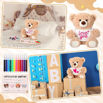HyDren Valentine's Day Gifts for Kid DIY Bear Stuffed Animal Set Adopt and Stuff Bear Kit 10 Inch Soft Bear Plush with White Bear Clothes Adoption Card DIY Brush for Classroom Favor Baby Shower Party