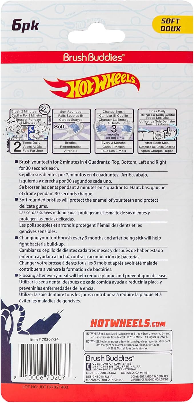 Brush Buddies 6-Pack Hot Wheels Toothbrush for Kids, Kids Battery Powered Toothbrushes, Toothbrush Pack, Soft Bristle Toothbrushes for Kids, Toddler Toothbrush Ages 2-4, Multicolor